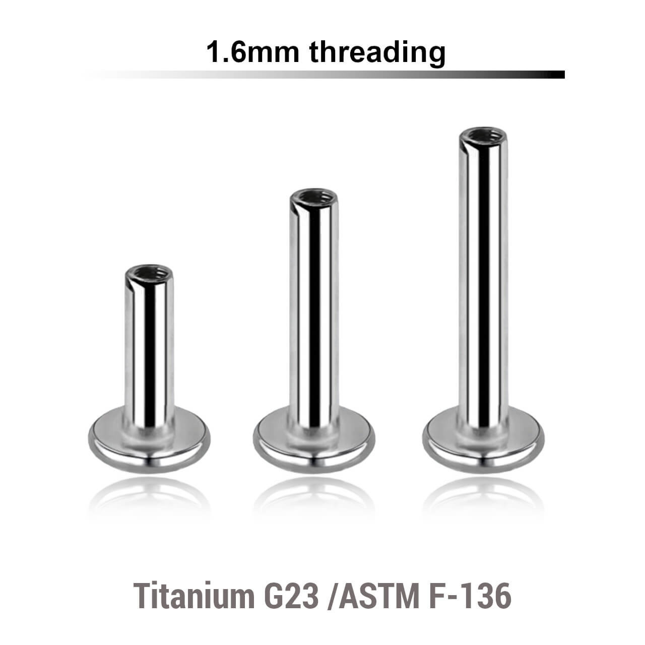 YYLB16N Pack of 10 internally threaded labret posts with 4mm base plate in high polished titanium, thickness 1.6mm