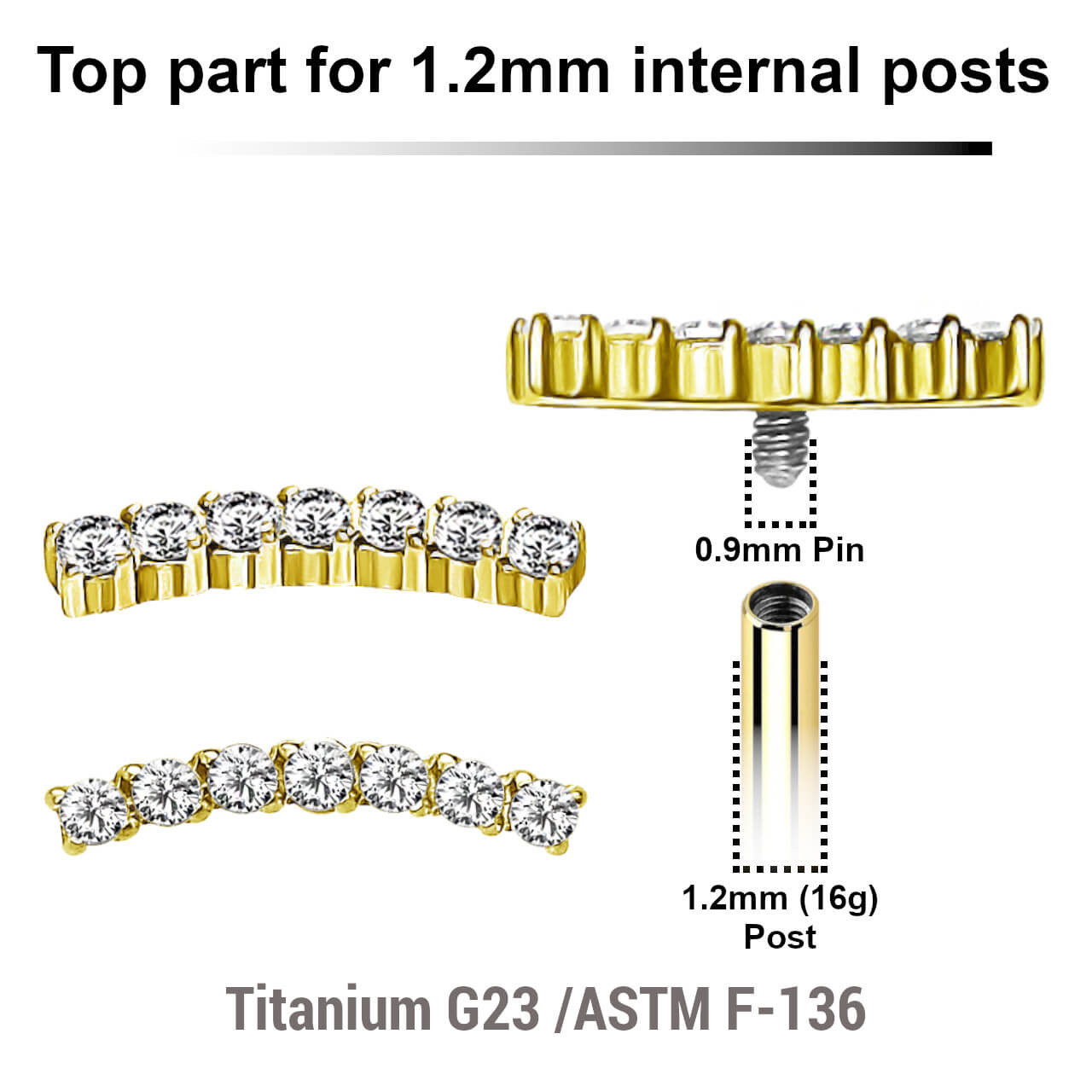 UTP12X13 Pack of 5 Gold PVD plated Titanium internally threaded labret tops with a CZ studded curved top