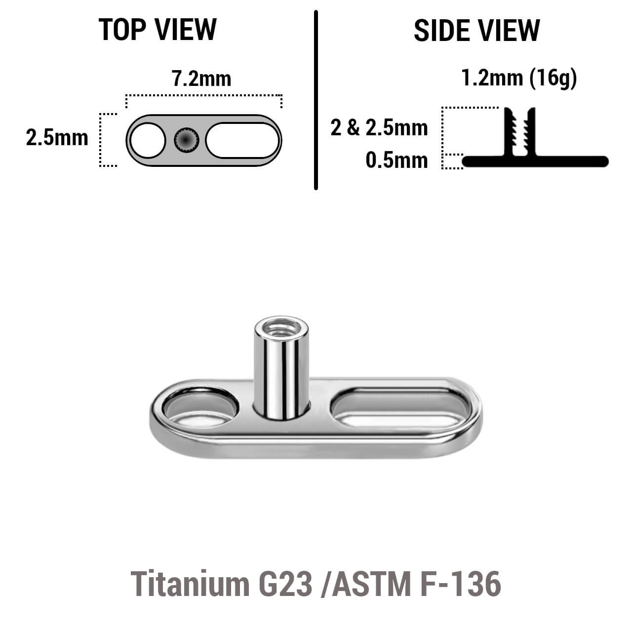 TDB12X3 Pack of 10 high polished titanium G23 dermal anchor base plates with a length of 7.2mm with 1 round hole and one elongated hole. External size of the pin is 1.2mm and internal thread size is 0.9mm