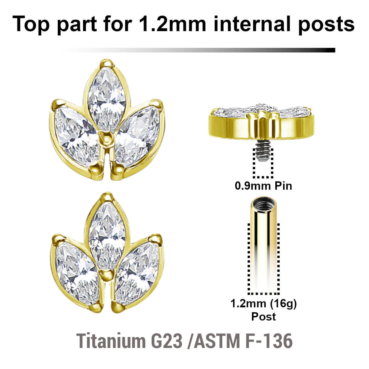 UTP12X15 Pack of 5 Gold PVD plated Titanium internally threaded labret tops with a leaf shaped top with 3 marquis cut prong set CZ stones