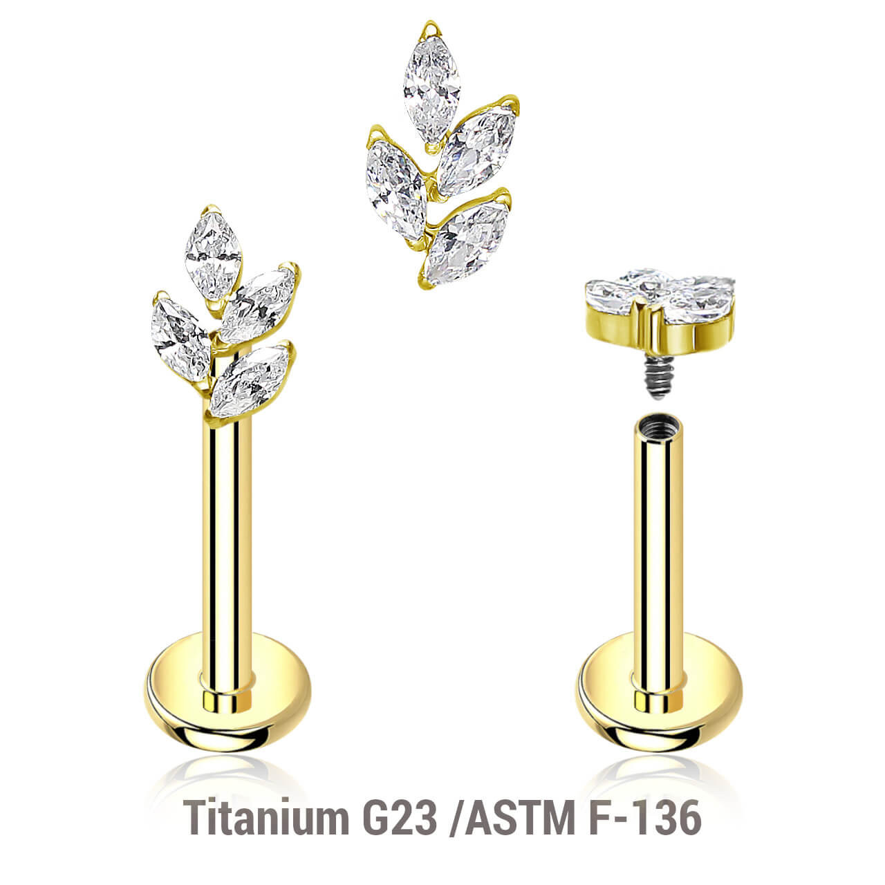 ULB12X14 Pack of 5 Gold PVD plated titanium internally threaded labrets, Thickness 1.2mm, with a leaf shaped top with 4 marquis cut prong set CZ stones