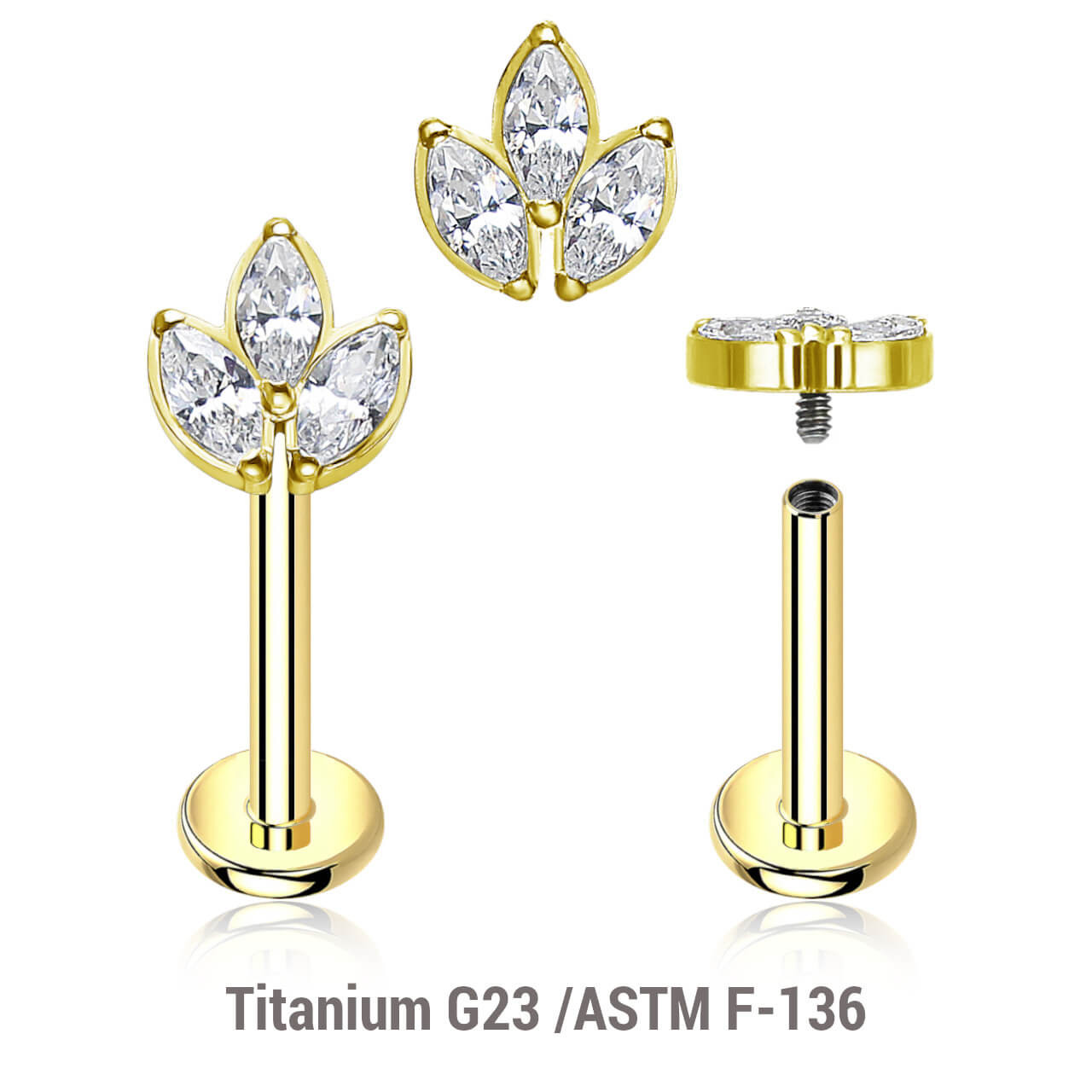 ULB12X15 Pack of 5 Gold PVD plated titanium internally threaded labrets, Thickness 1.2mm, with a leaf shaped top with 3 marquis cut prong set CZ stones