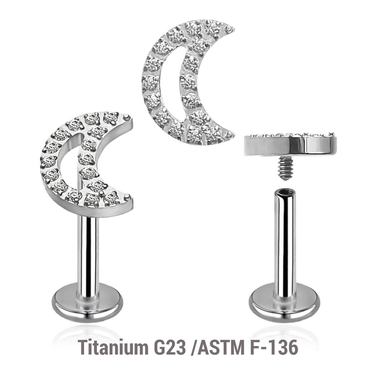 YLB12X28 Pack of 5 high polished titanium internally threaded labrets, Thickness 1.2mm, with a CZ studded moon top