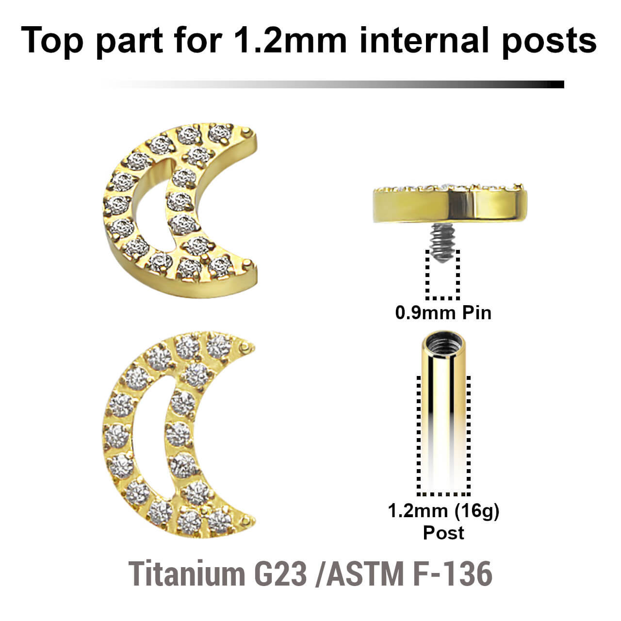 UTP12X28 Pack of 5 Gold PVD plated Titanium G23 Internally threaded labret tops with a CZ studded moon design, Thread size 0.9mm