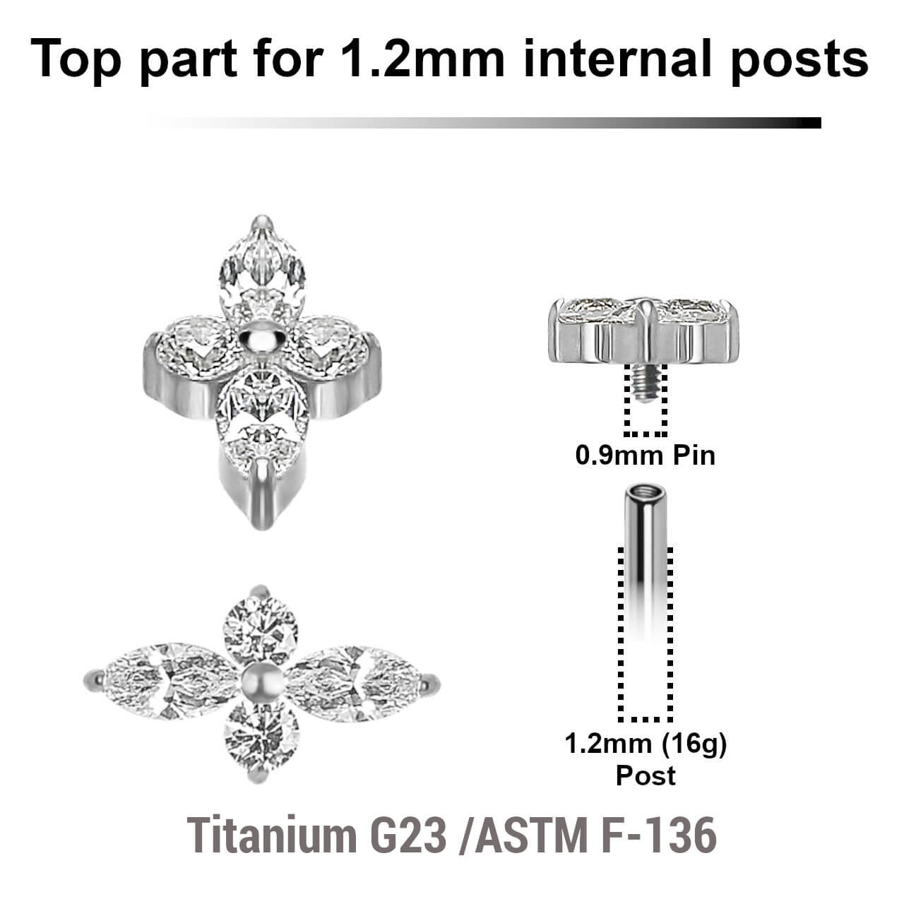YTP12X30 Pack of 5 high polished titanium Internally threaded labret tops with 2 round and 2 marquis prong set CZ stones
