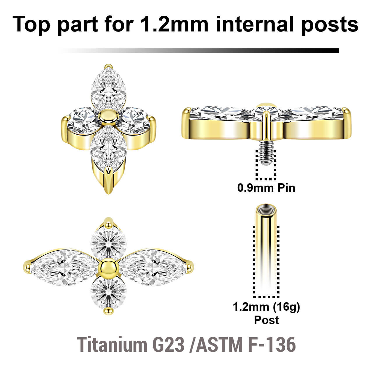 UTP12X30 Pack of 5 gold PVD plated titanium Internally threaded labret tops with 2 round and 2 marquis prong set CZ stones