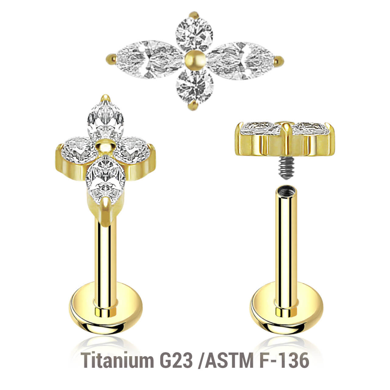 ULB12X30 Pack of 5 high 5 gold PVD plated titanium internally threaded labrets, Thickness 1.2mm, with a top with 2 round and 2 marquis prong set CZ stones