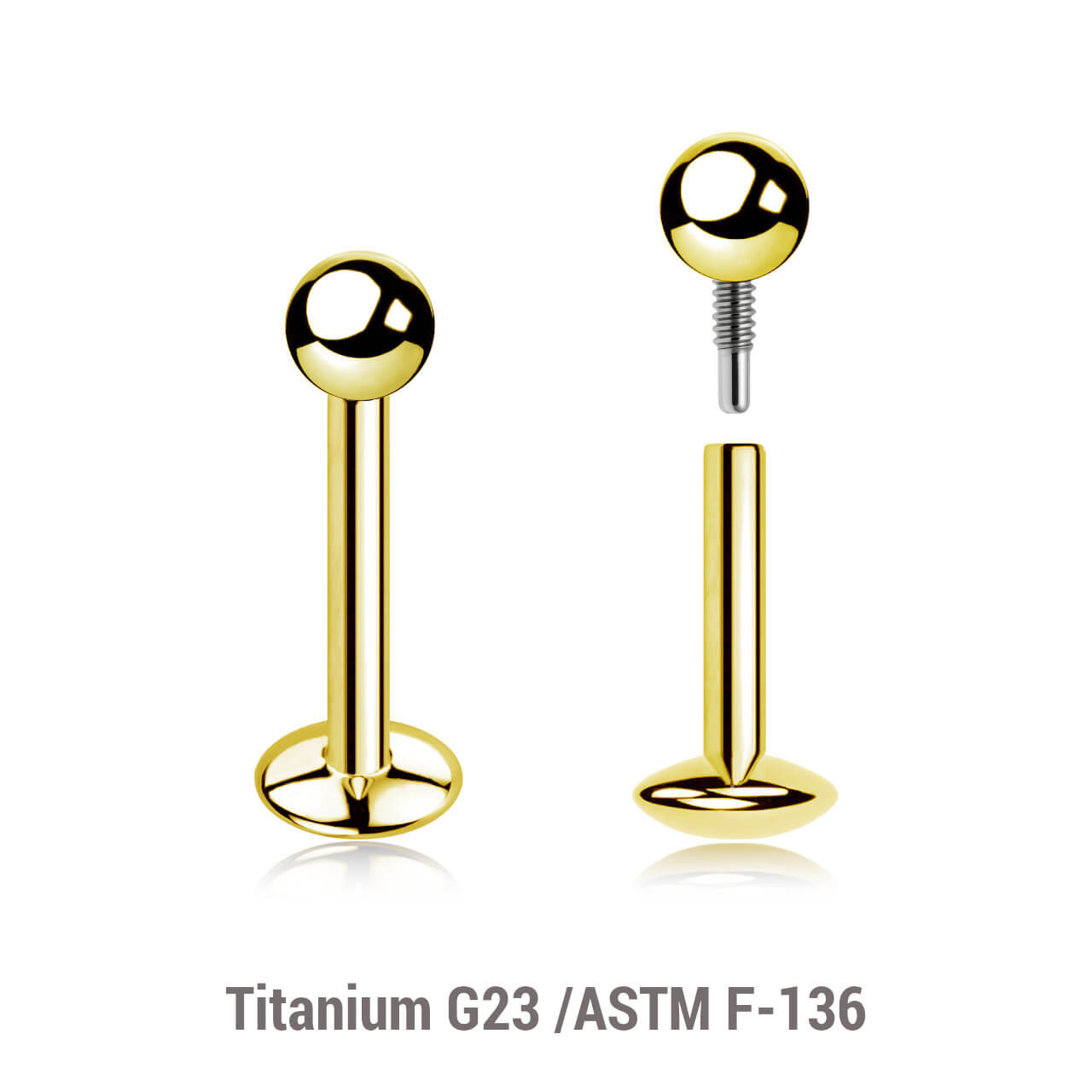 ULB12B3U Pack of 5 Gold PVD plated titanium internally threaded labrets with convex base plate, Thickness 1.2mm, ball size 3mm