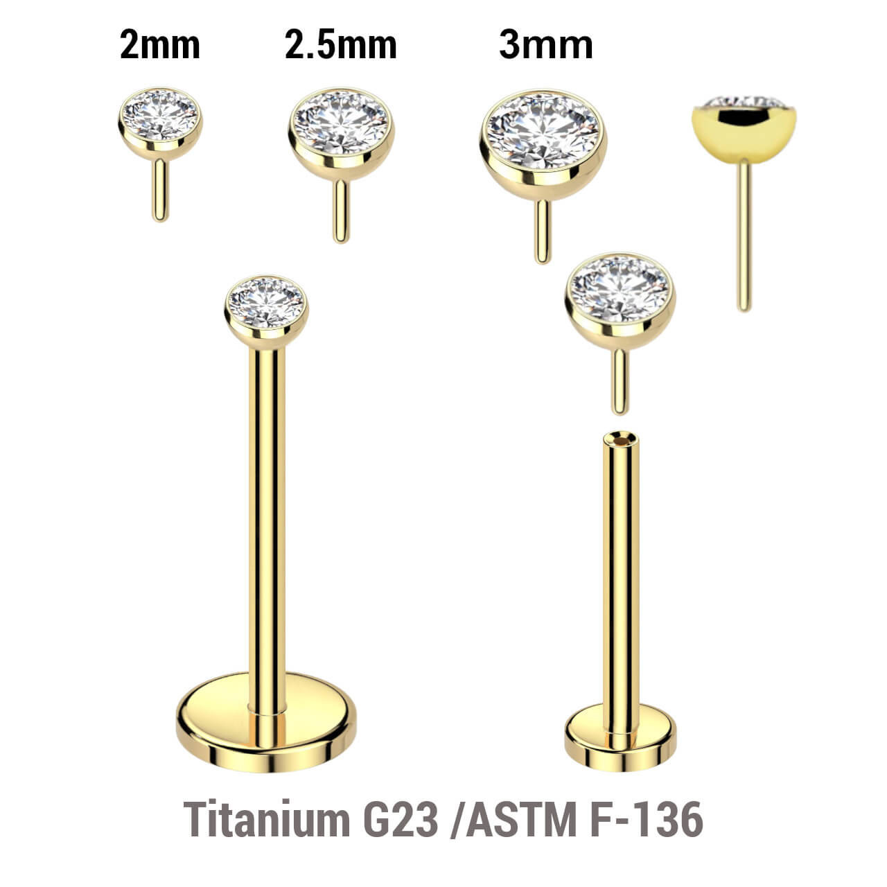 LLB08JH Pack of 5 Gold PVD plated Titanium threadless push in labrets, Thickness 0.8mm with flat jewel ball tops