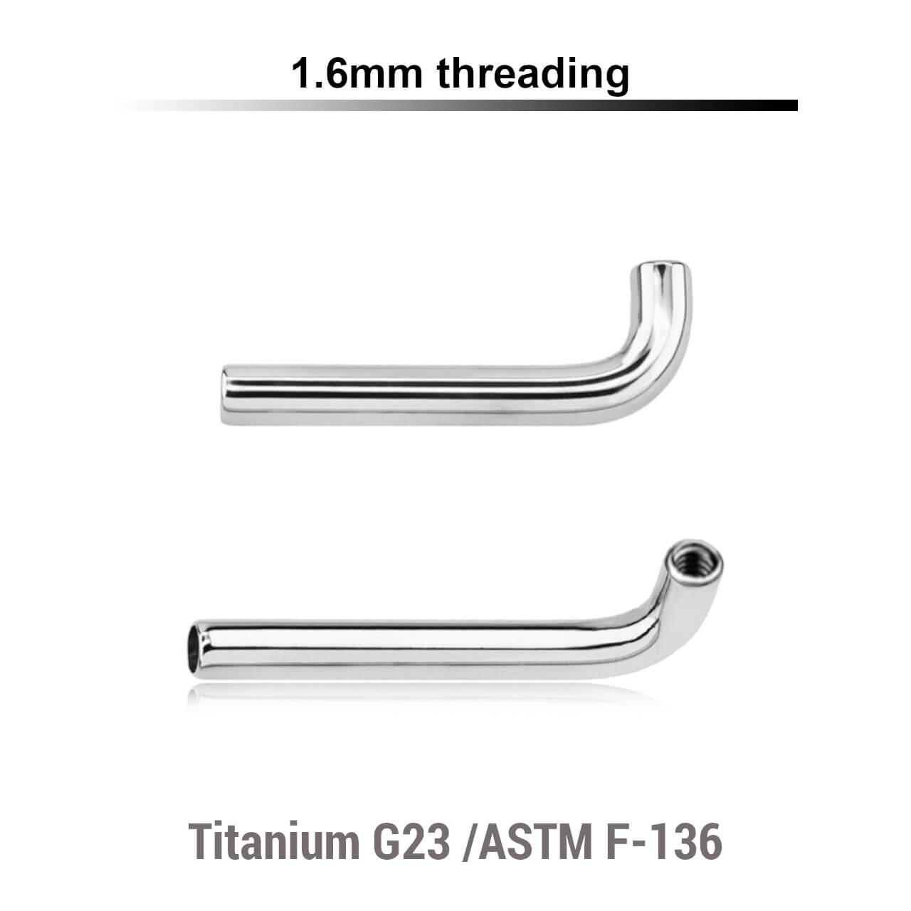 YYBL16N Pack of 5 high polished titanium internally threaded Christina barbell post in L shape, 2.5mm rise, thickness 1.6mm