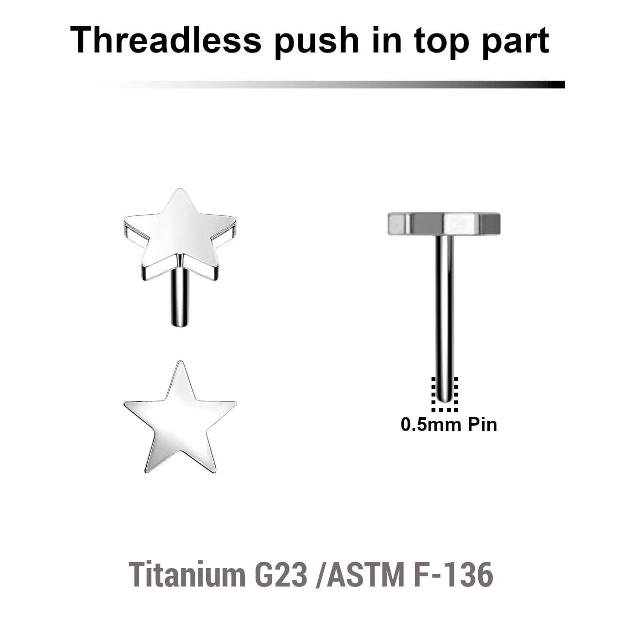 KTP05ST3 Pack of 5 Titanium G23 threadless push in labret top with 3mm flat star tops
