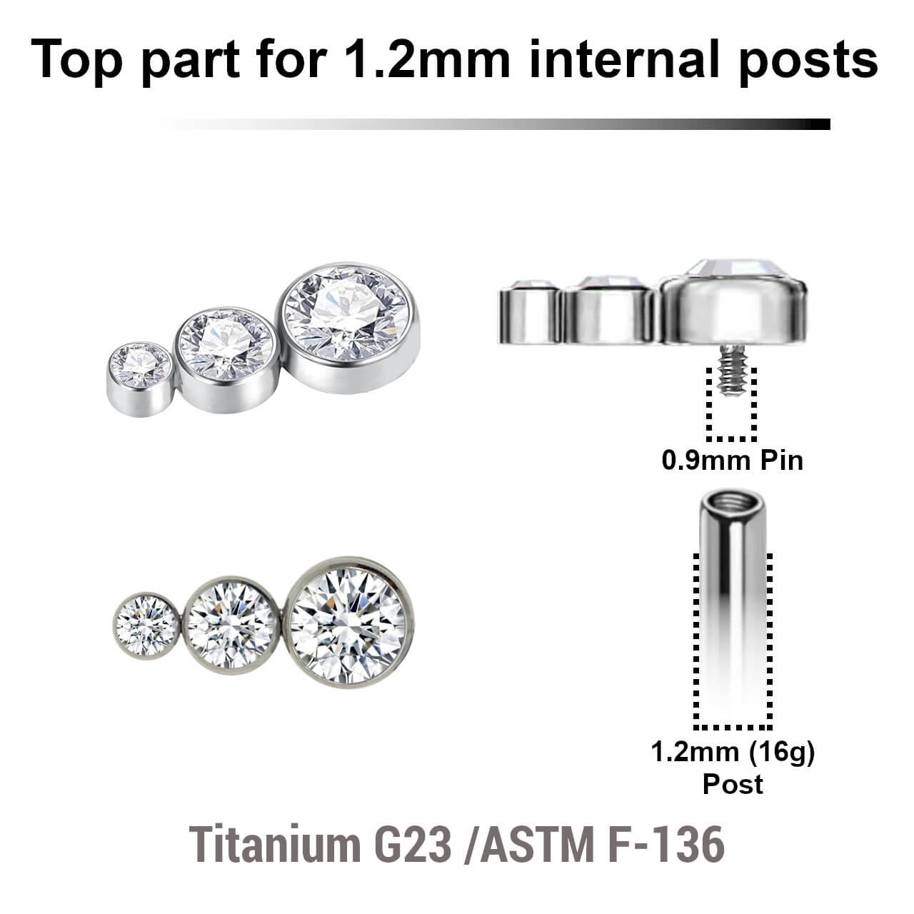 YTP12X35 Pack of 5 Titanium Internally threaded labret tops 3 small round disk with bezel set crystals, Thread size 0.9mm