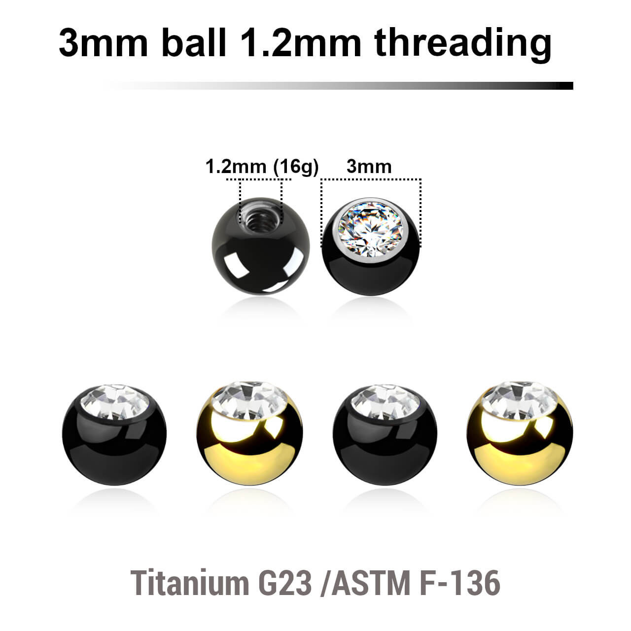 EYB12J3 Pack of 10 PVD plated titanium G23 balls with a 3mm diameter and a bezel set crystal, 1.2mm external threading