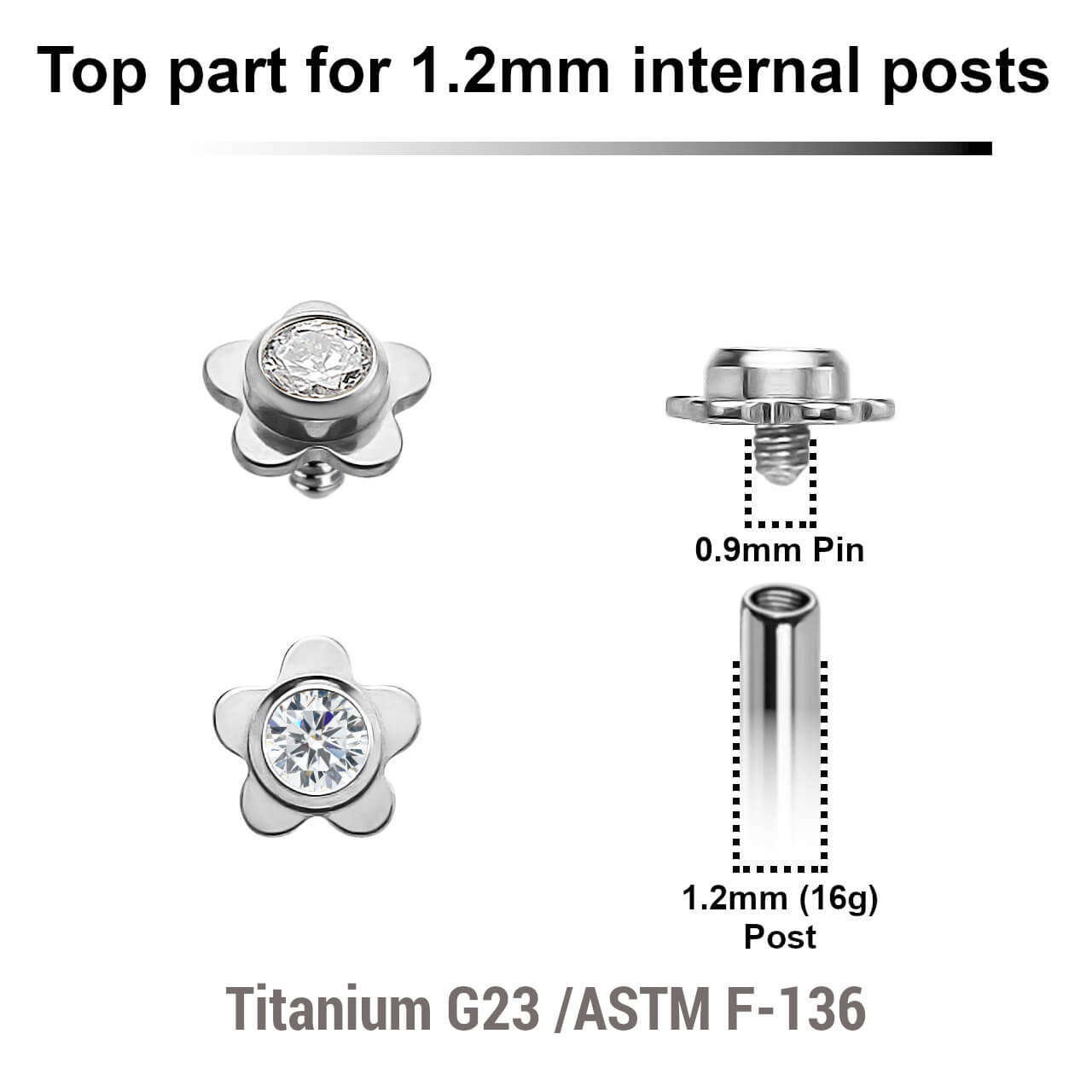 YTP12X33 Pack of 5 high polished titanium Internally threaded labret tops in a flat flower shape with a single bezel set central crystal