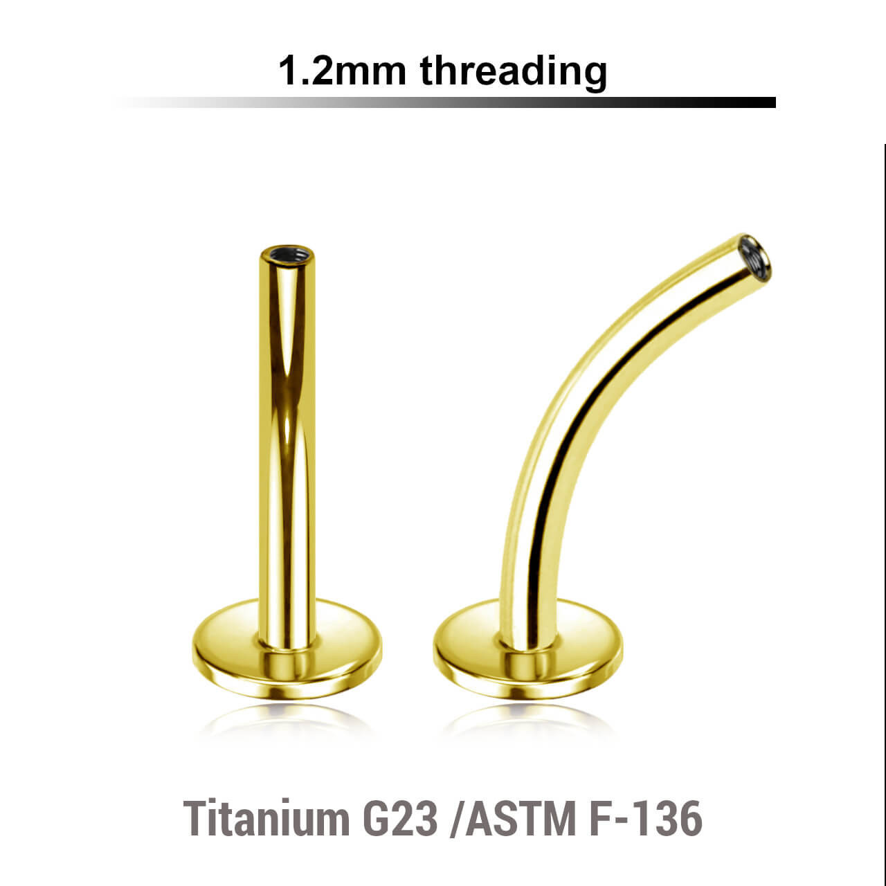 UYCL12N Pack of 5 Gold PVD plated titanium internally threaded curved labret posts with 4mm base plate, thickness 1.2mm