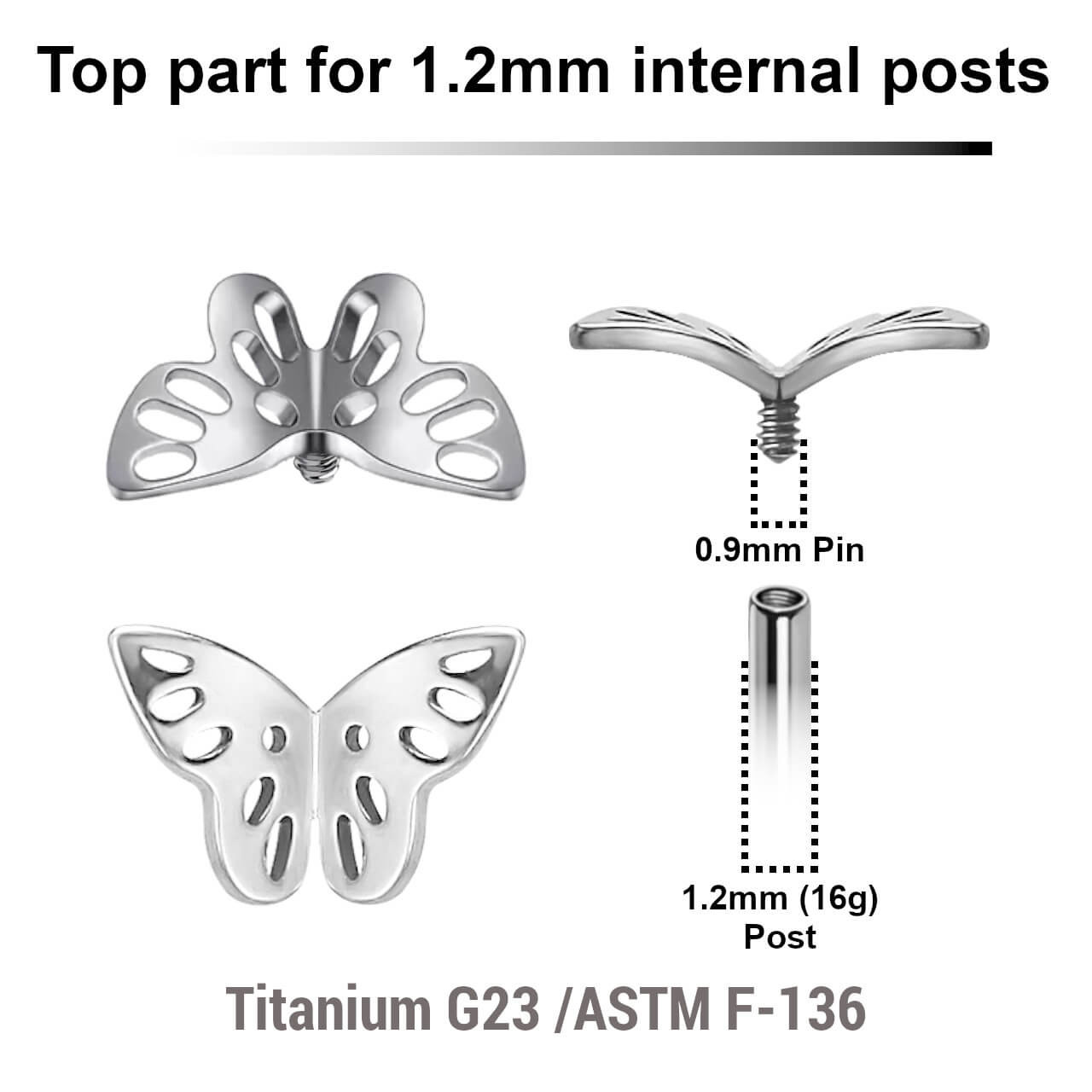 YTP12X36 Pack of 5 Titanium Internally threaded labret top with a filigree butterfly