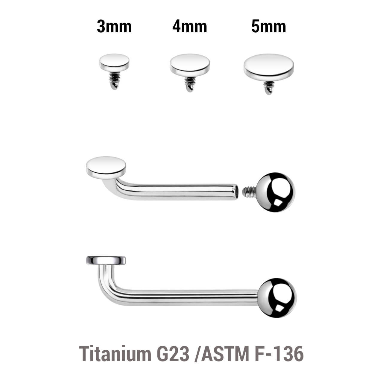 YBL16BD Pack of 5 high polished titanium internally threaded Christina barbells, thickness 1.6mm with 2.5mm rise and 1 upper disk and 1 lower ball