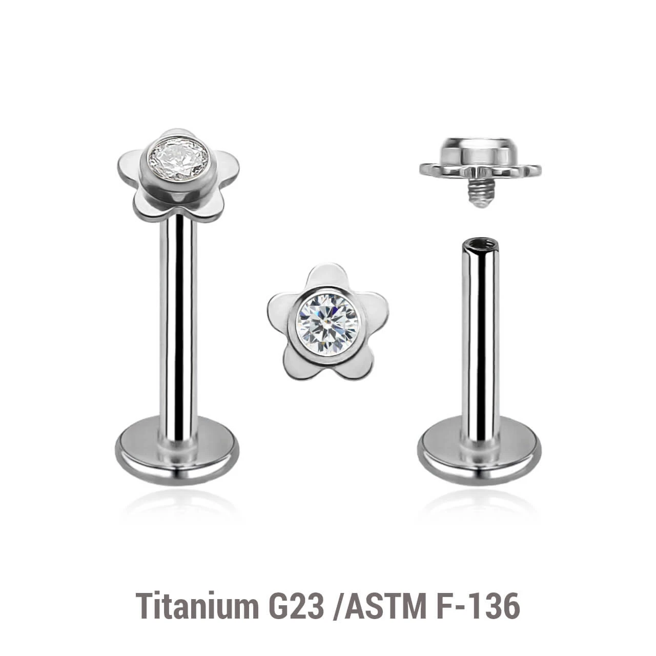 YLB12X33 Pack of 5 high polished titanium internally threaded labrets, Thickness 1.2mm, with a top in a flat flower shape with a single bezel set central crystal
