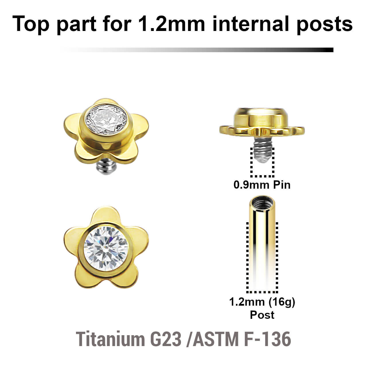 UTP12X33 Pack of 5 gold PVD plated titanium Internally threaded labret tops in a flat flower shape with a single bezel set central crystal