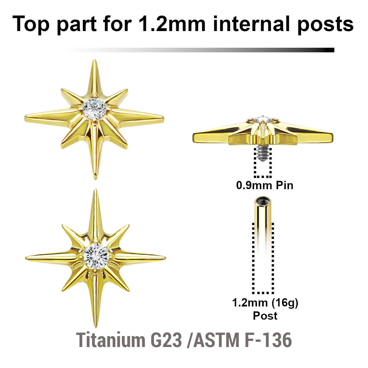 UTP12X34 Pack of 5 gold PVD plated titanium Internally threaded labret tops with a starburst top with a single prong set CZ stone