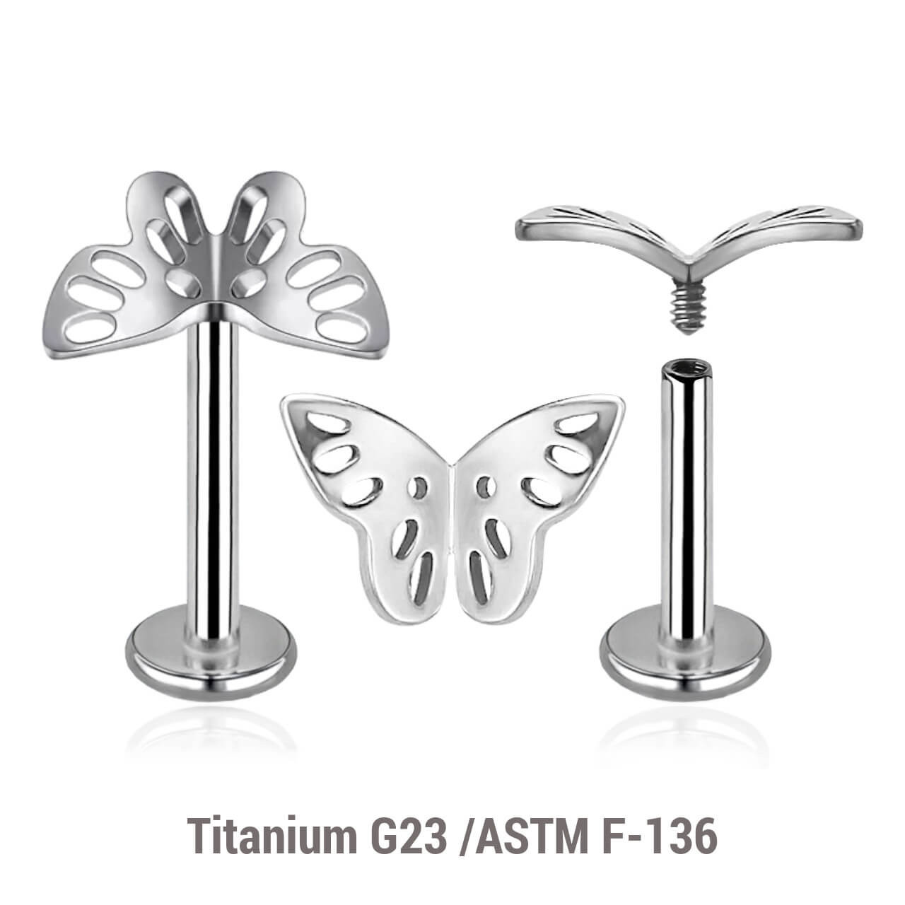YLB12X36 Pack of 5 high polished titanium internally threaded labrets, Thickness 1.2mm, with a filigree butterfly top