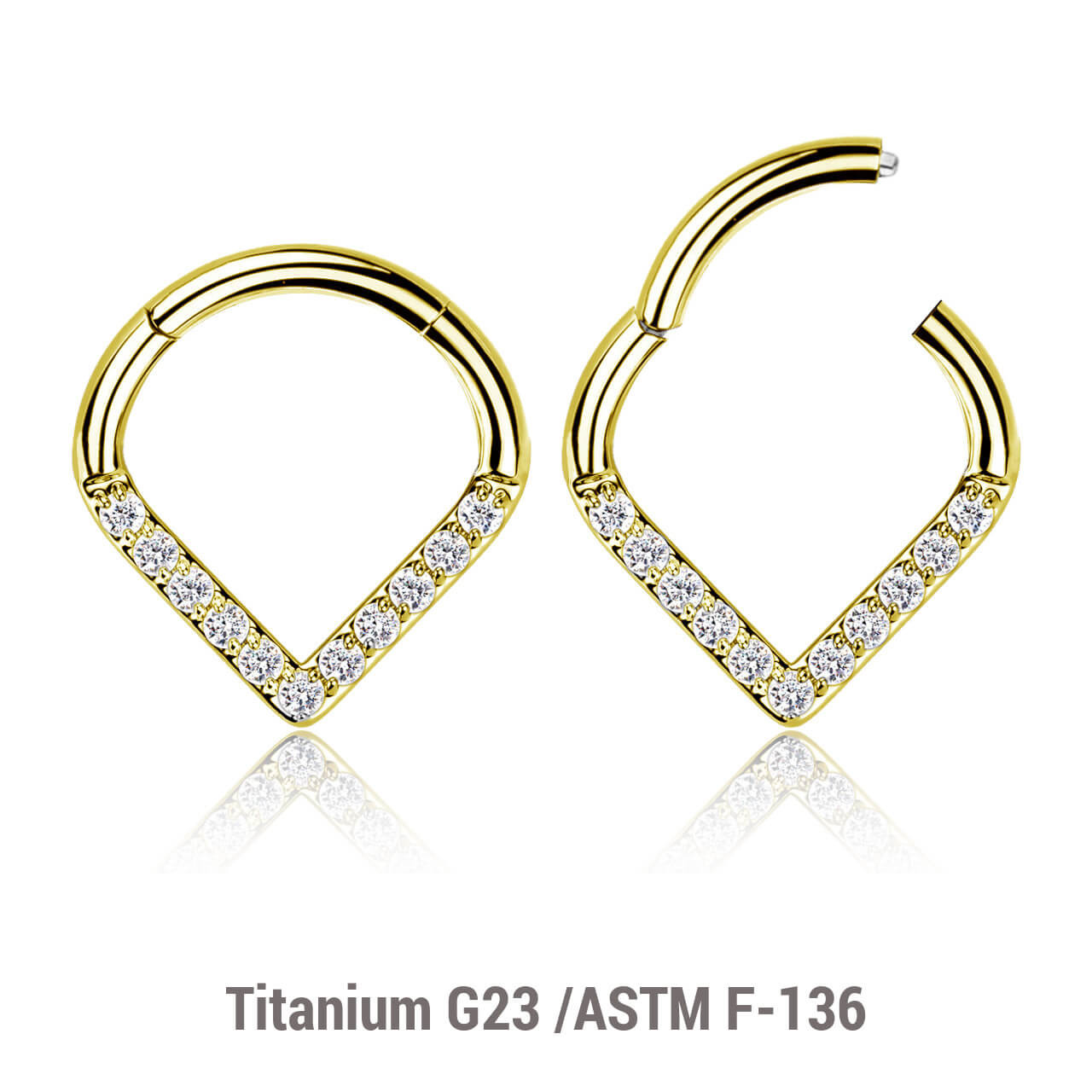 ESG12HX04 Pack of 3 Gold PVD plated Titanium hinged segment rings in chevron shape with CZ studded front, Thickness 1.2mm