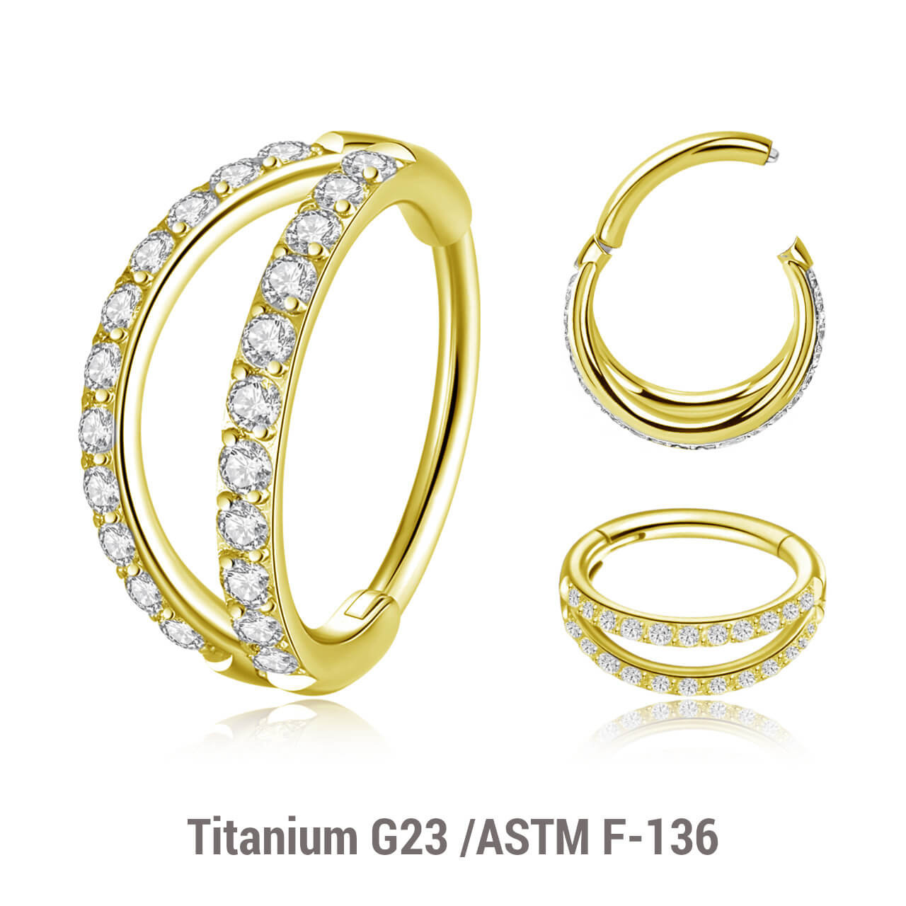 ESG12HX09 Pack of 3 Gold PVD plated Titanium hinged segment rings with a double hoop design with outward facing CZ stones, Thickness 1.2mm