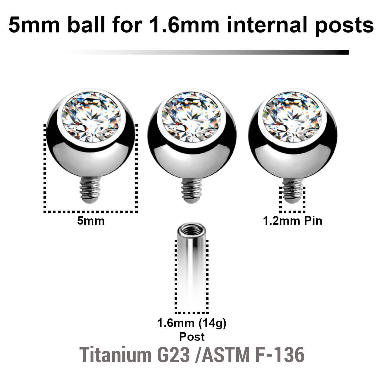 YYB16J5 Pack of 10 high polished titanium G23 balls with bezel set crystal with 5mm diameter for 1.6mm internally threaded posts