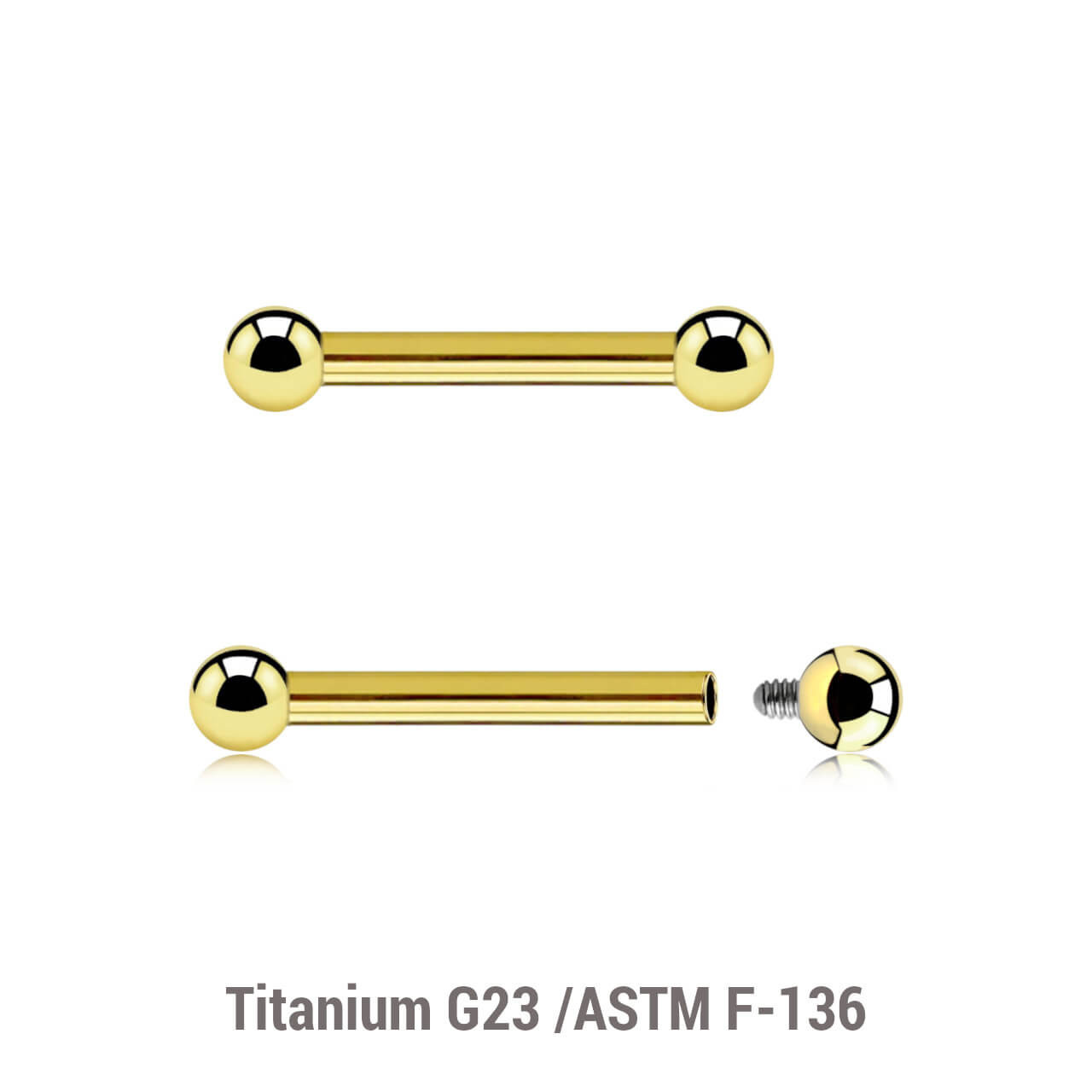 UBA16B3 Pack of 5 Gold PVD plated titanium internally threaded barbells, Thickness 1.6mm, Ball size 3mm