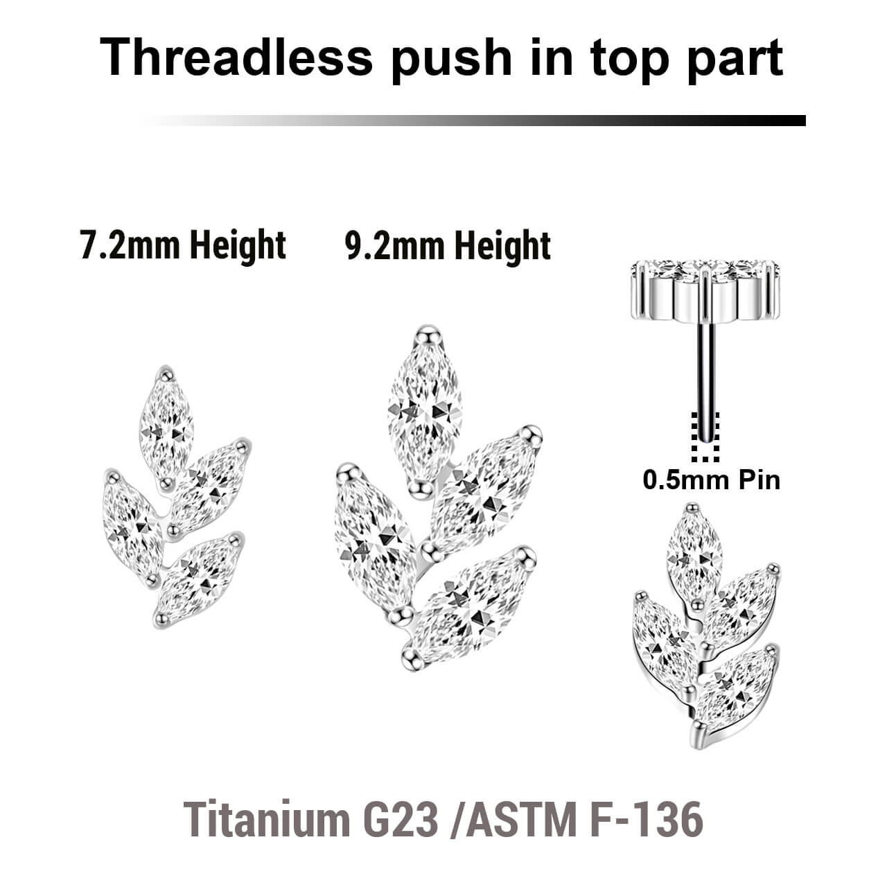 KTP05X14 Pack of 5 Titanium G23 threadless push in labret tops in leaf shape with 4 marquis cut prong set CZ stones