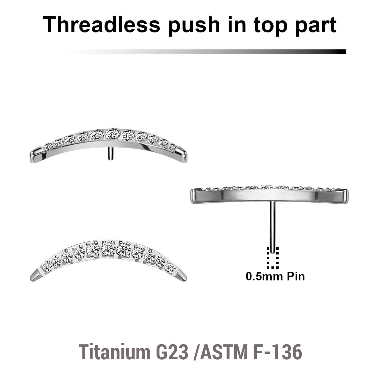 KTP05X18 Pack of 5 Titanium G23 threadless push in labret top with crescent moon design with 12 prong set CZ stones
