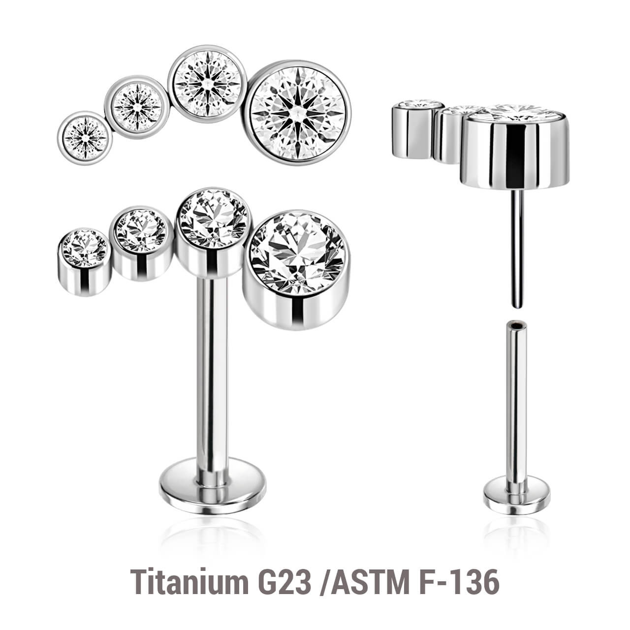 KLBXXX05 Pack of 5 high polished titanium threadless push in labrets with elongated top with 4 bezel set CZ stones