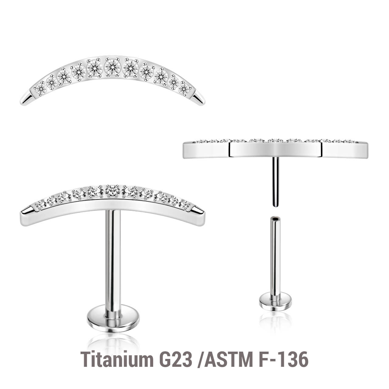 KLBXXX18 Pack of 5 high polished titanium threadless push in labrets with a CZ studded crescent moon top
