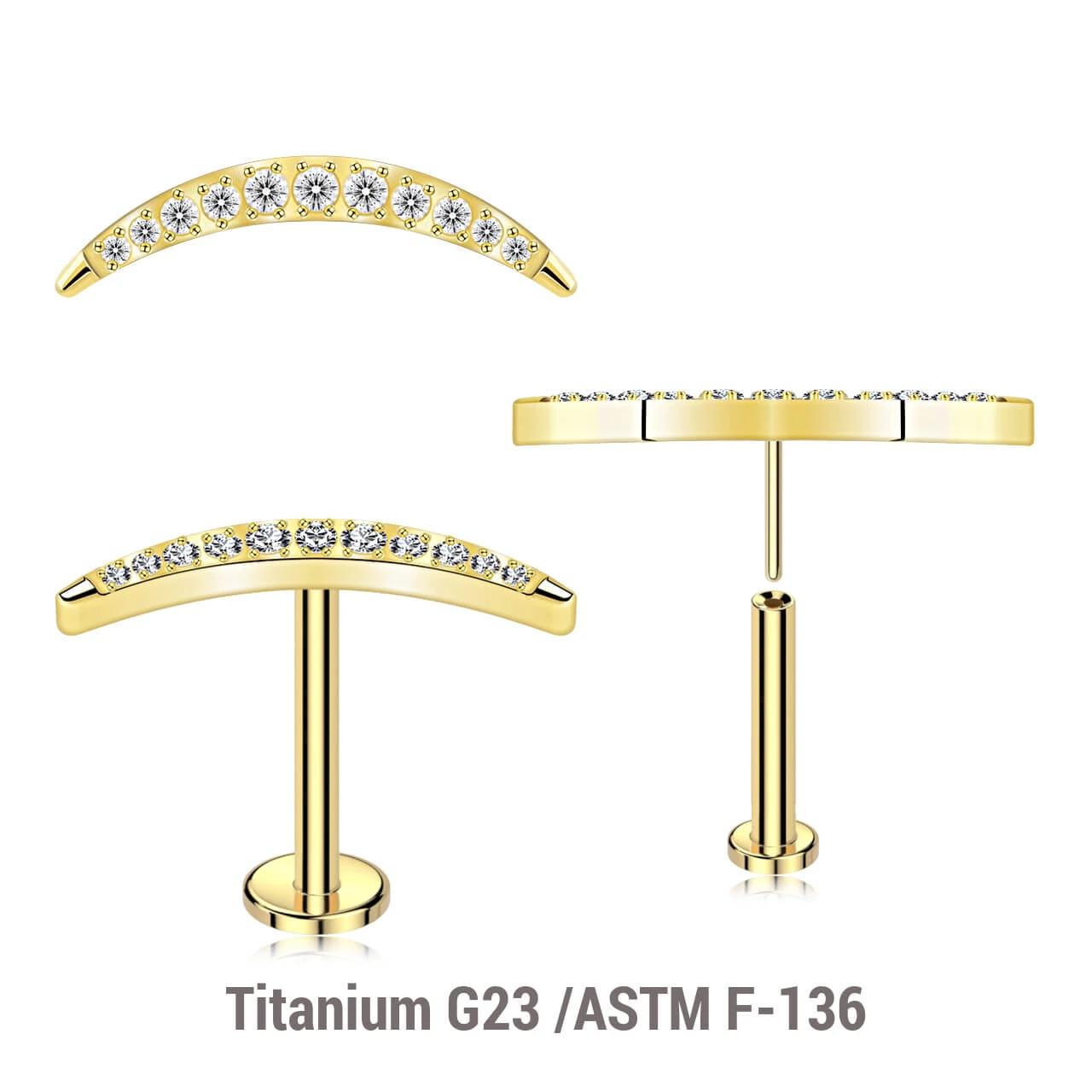 LLBXXX18 Pack of 5 Gold PVD plated Titanium threadless push in labrets with a CZ studded crescent moon top