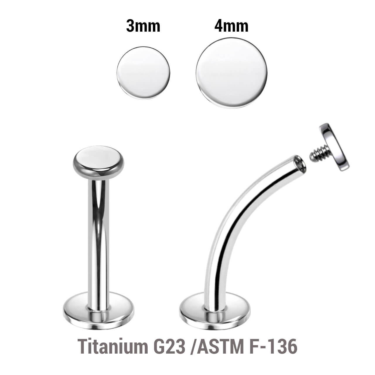 YCL12DI Pack of 10 high polished titanium internally threaded curved labrets, Thickness 1.2mm, with flat round disk tops