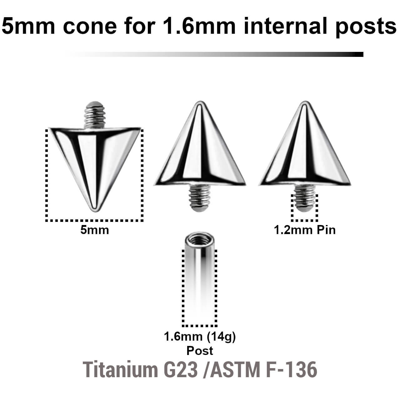 YYC16N5 Pack of 25 high polished titanium cones with 5mm diameter for 1.6mm internally threaded post