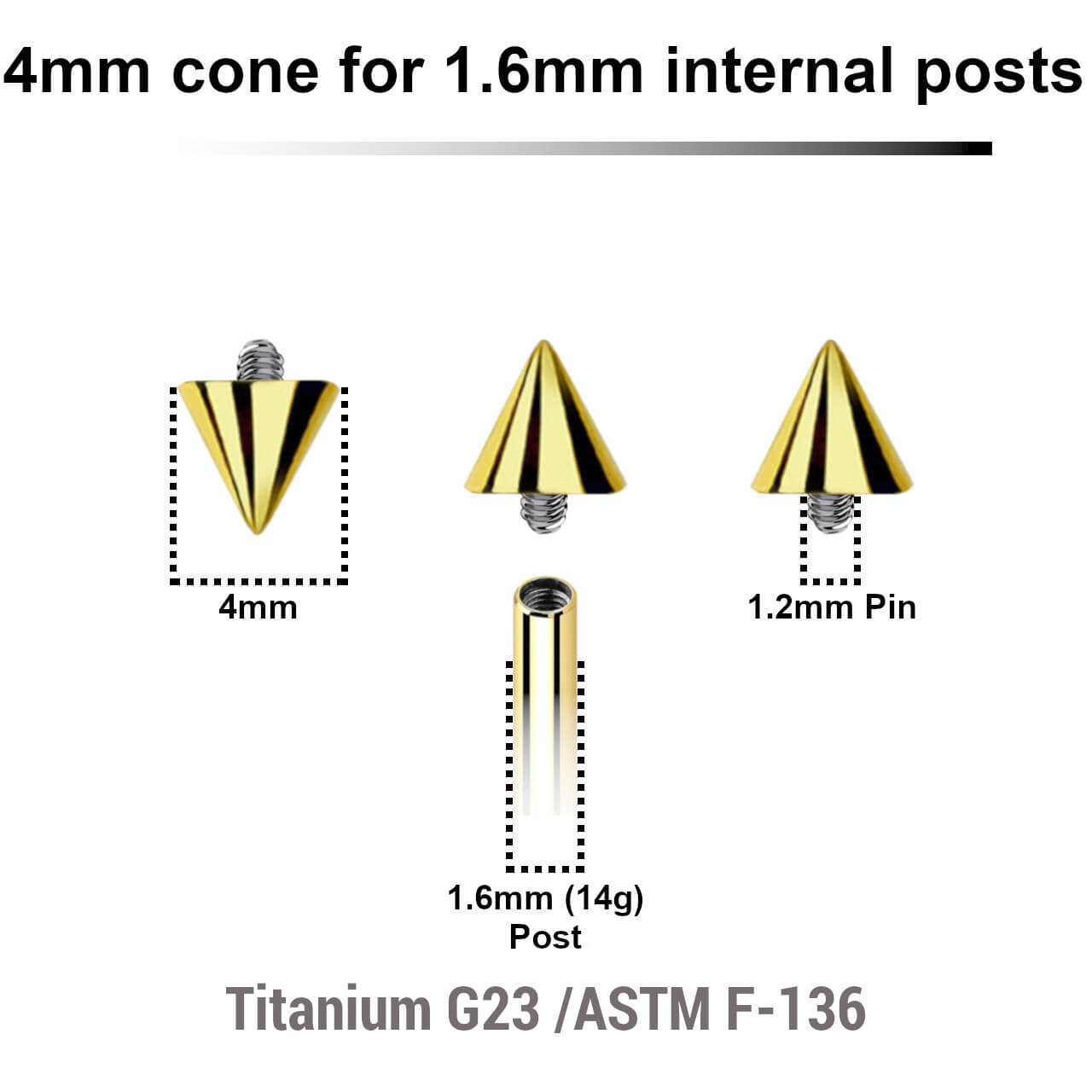 UYC16N4 Pack of 10 PVD plated titanium cones with 4mm diameter for 1.6mm internally threaded post