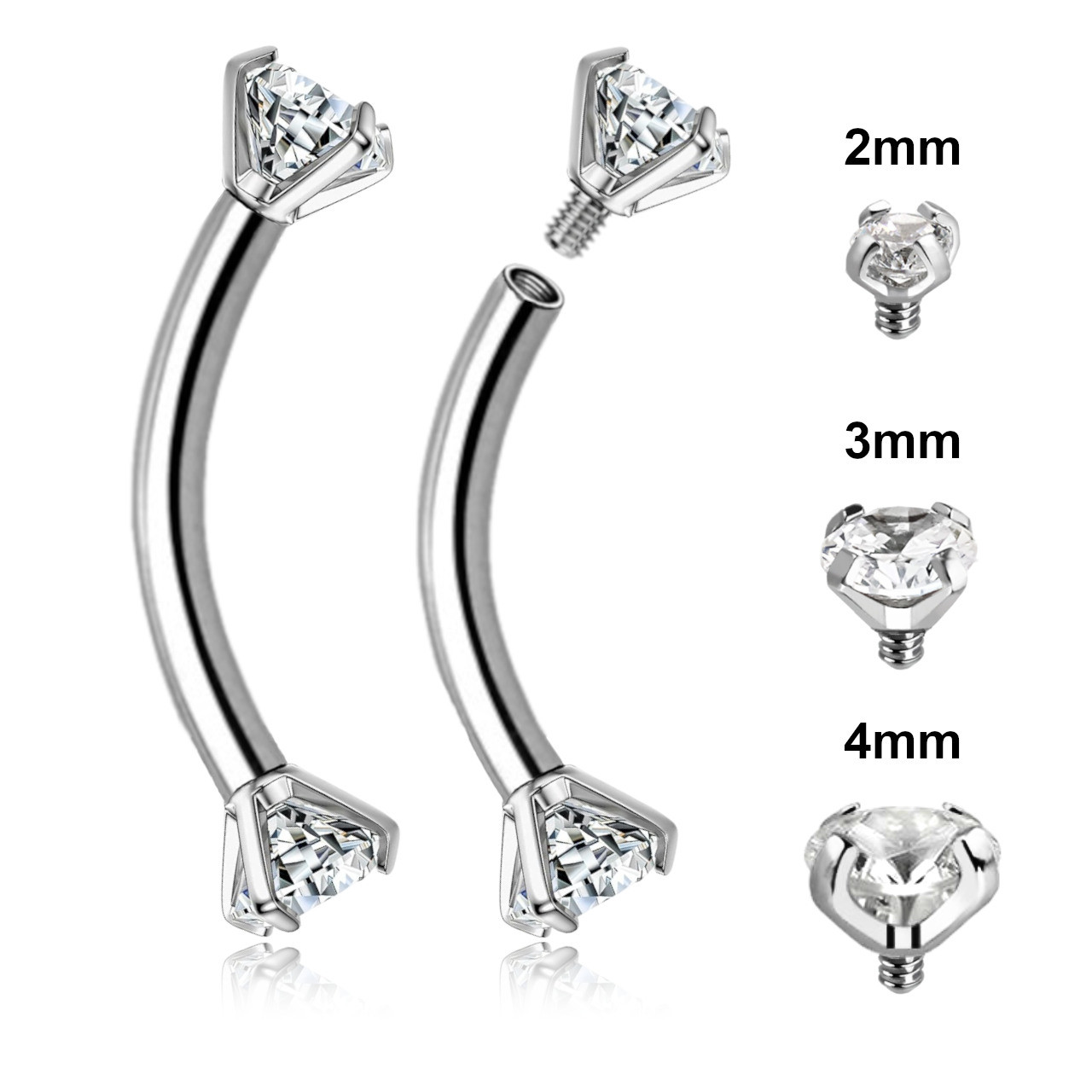 FBN12CZ Pack of 10 surgical steel internally threaded eyebrow bananas, Thickness 1.2mm, with prong set CZ stones