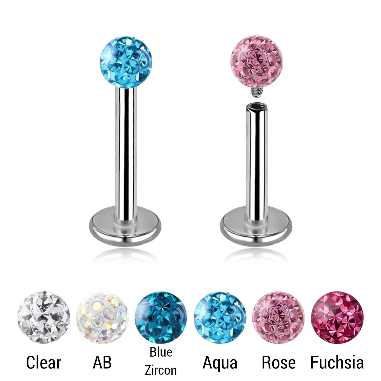 FLB12BF3 Pack of 5 surgical steel internally threaded labrets, Thickness 1.2mm, with 3mm multi-crystal balls with epoxy resin cover