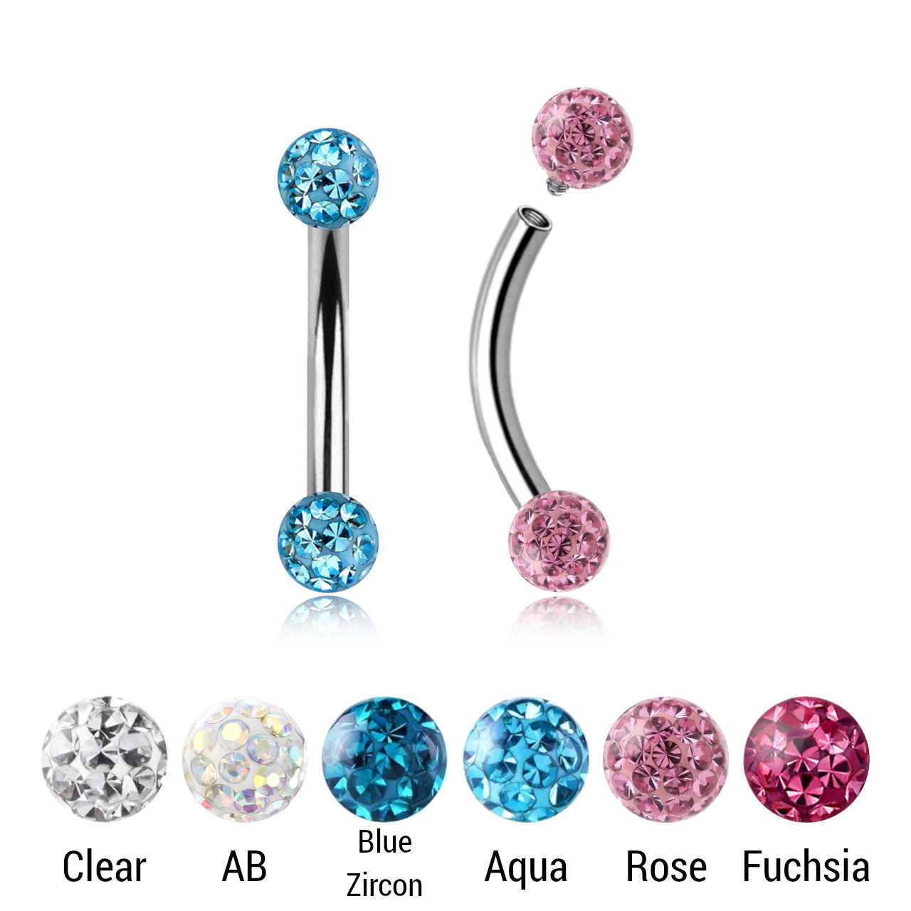 FBN12BF3 Pack of 5 surgical steel internally threaded eyebrow bananas, Thickness 1.2mm, with 3mm multi-crystal balls with epoxy resin cover