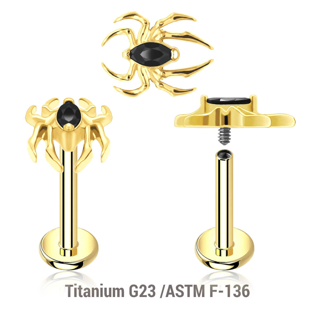 ULB12X38 Pack of 5 gold PVD plated titanium internally threaded labrets, Thickness 1.2mm, with a top in spider design with black CZ abdomen
