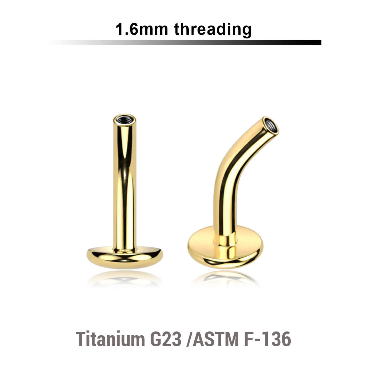 UYCL16NU Pack of 5 Gold PVD plated Titanium internally threaded curved labret posts with 5mm convex base plate, Thickness 1.6mm