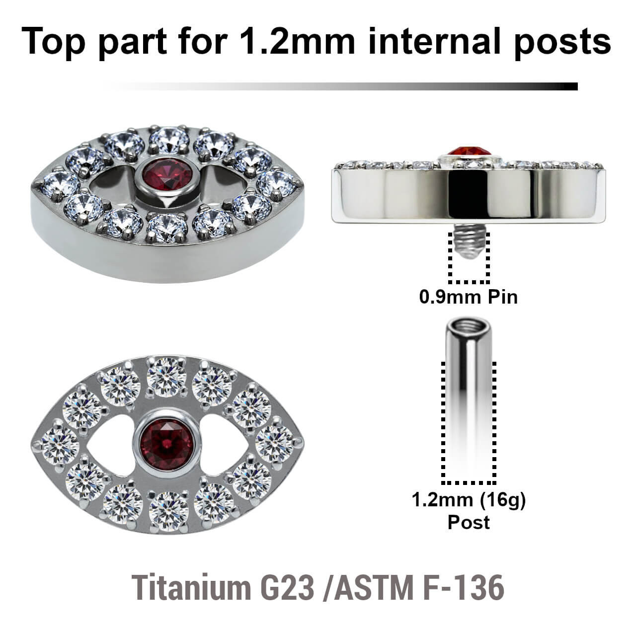 YTP12X37 titanium internally threaded labret top evil eye shape w