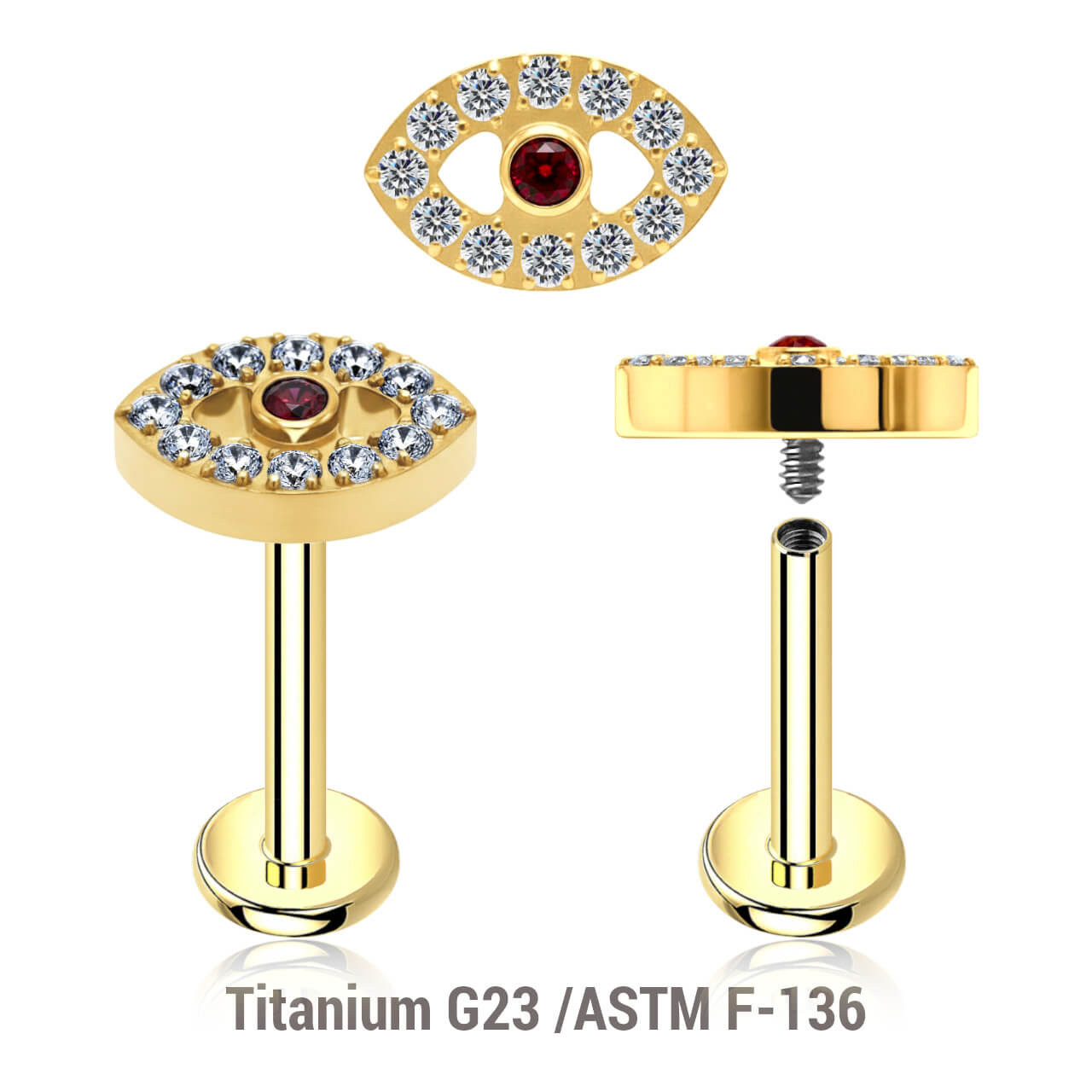 ULB12X37 Pack of 5 gold PVD plated titanium internally threaded labrets, Thickness 1.2mm, with a top with an evil eye design with clear crystal around and a single red crystal in the center