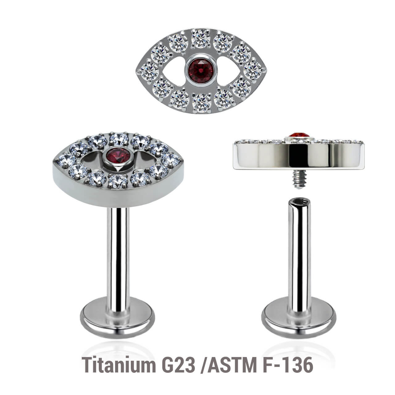 YLB12X37 Pack of 5 high polished titanium internally threaded labrets, Thickness 1.2mm, with a top with an evil eye design with clear crystal around and a single red crystal in the center