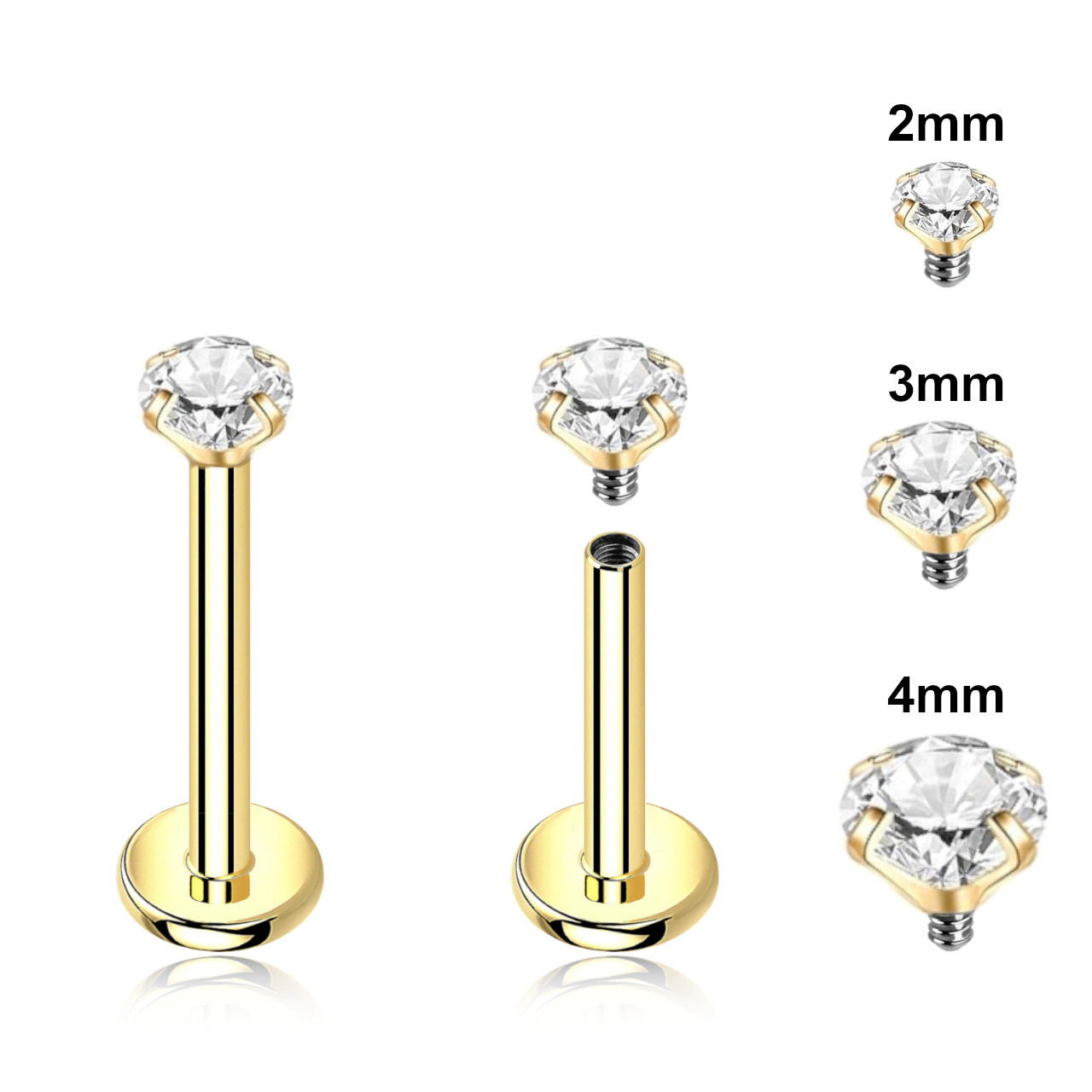 HLB12CZ2 Pack of 10 Gold PVD plated 316L steel internally threaded labrets with prong set CZ stones