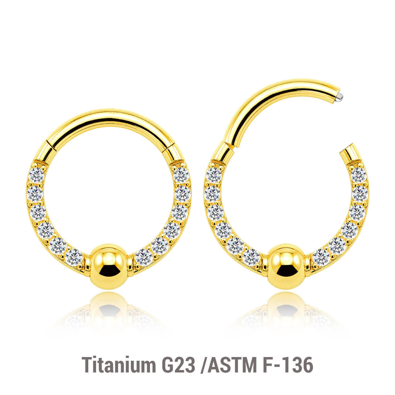 ESG12HX13 Pack of 5 Gold PVD titanium hinged segment rings with 3mm ball in BCR shape with forward facing prong set CZs