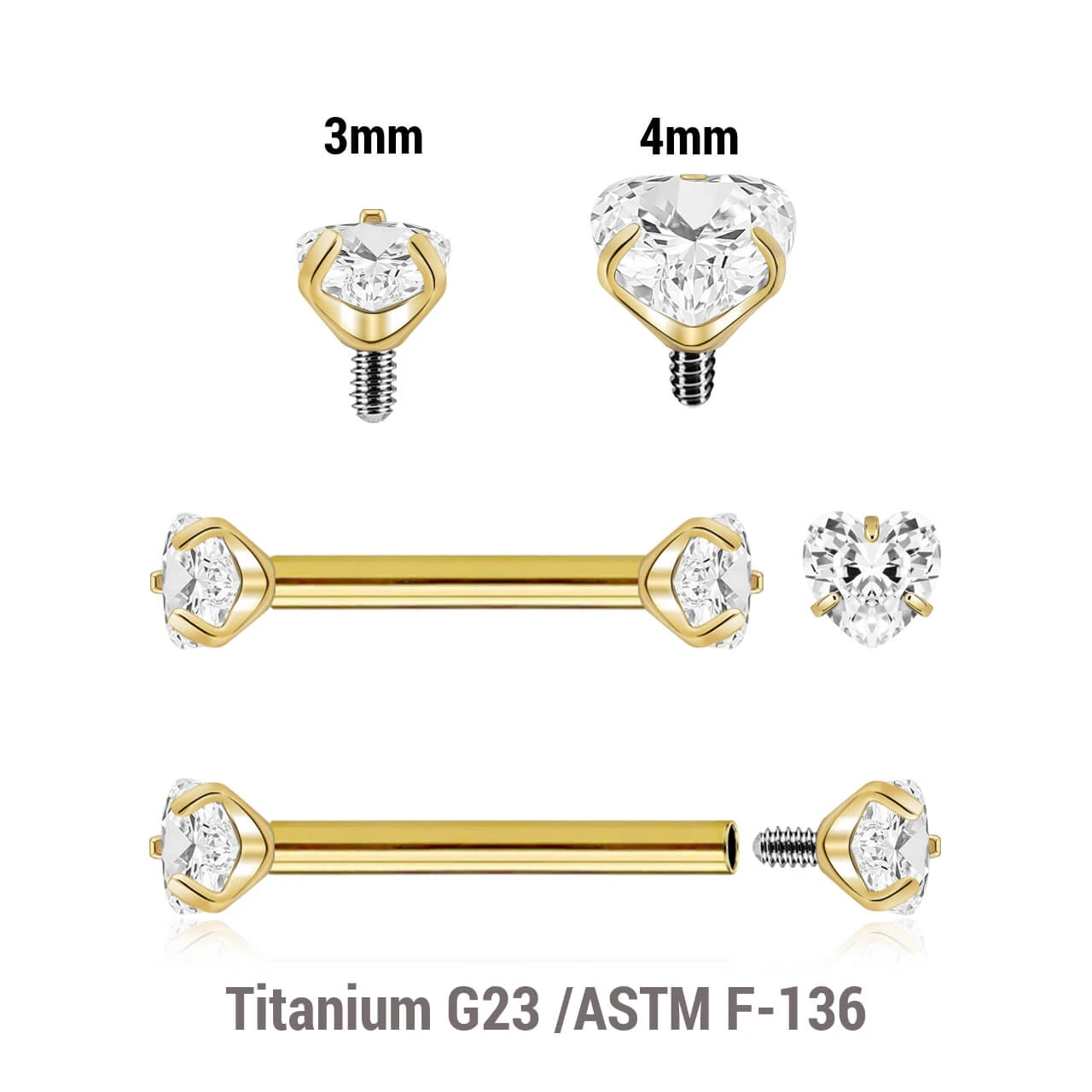 UBA12CZH Pack of 5 Gold PVD plated titanium internally threaded barbells, Thickness 1.2mm, with two prong set heart shaped CZ stones