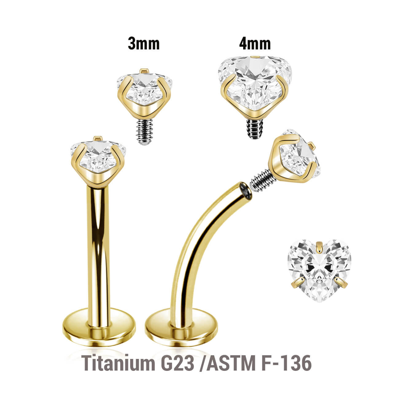 UCL12CZH Pack of 5 Gold PVD plated titanium internally threaded curved labrets, Thickness 1.2mm, with prong set heart CZ stones