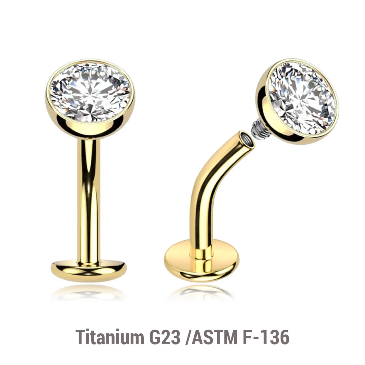 UCL16JH Pack of 5 Gold PVD plated titanium internally threaded floating belly labrets with convex base plate, Thickness 1.6mm with flat jewel ball top